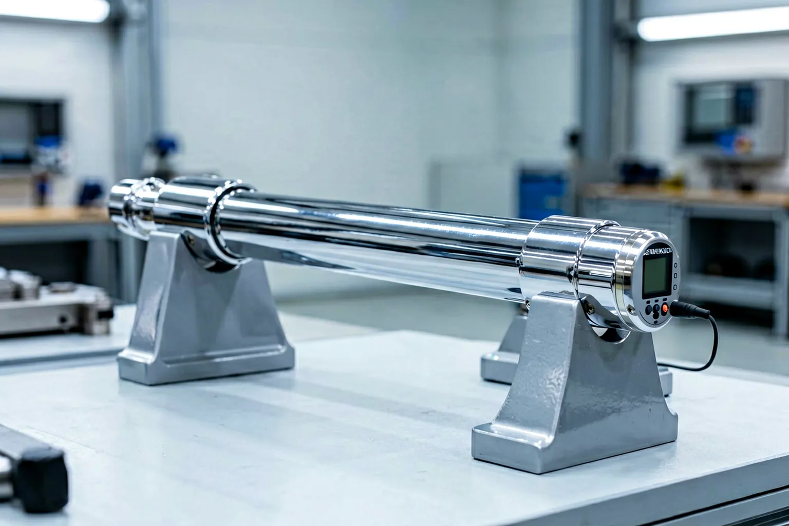 Chrome piston rod runout measurement on wide soft supports with an electronic probe