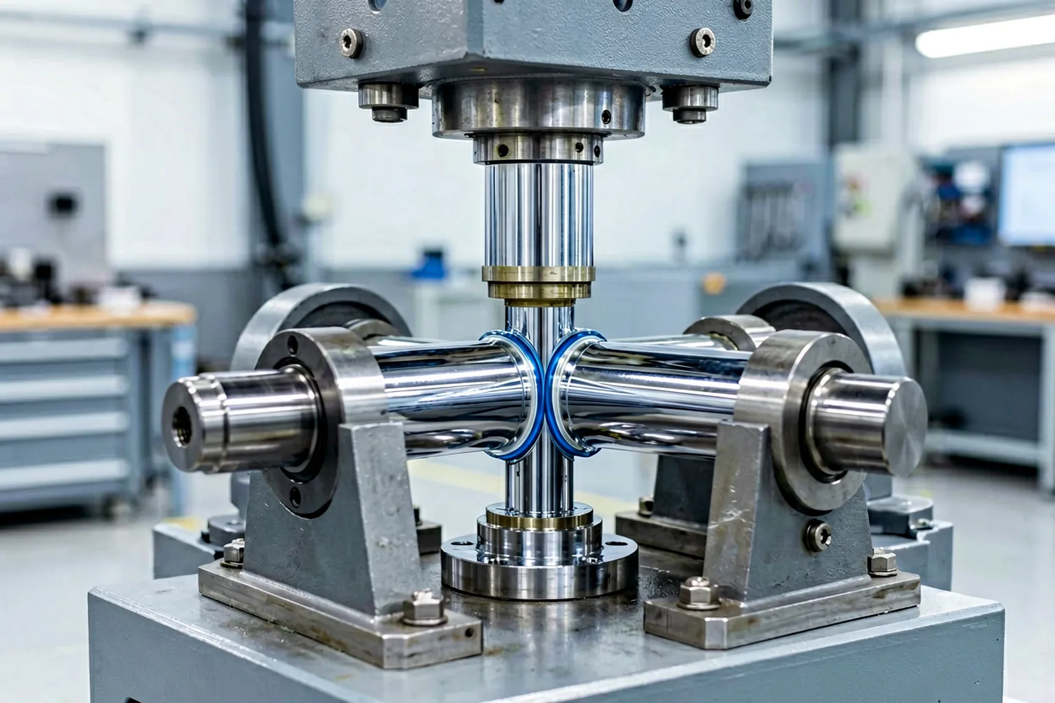 Protected three-point correction of a piston rod with non-marring tooling