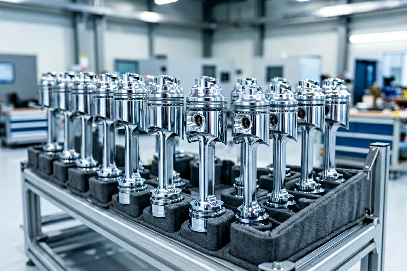 Rows of chrome-plated piston rods with mirrored finish in a protective rack