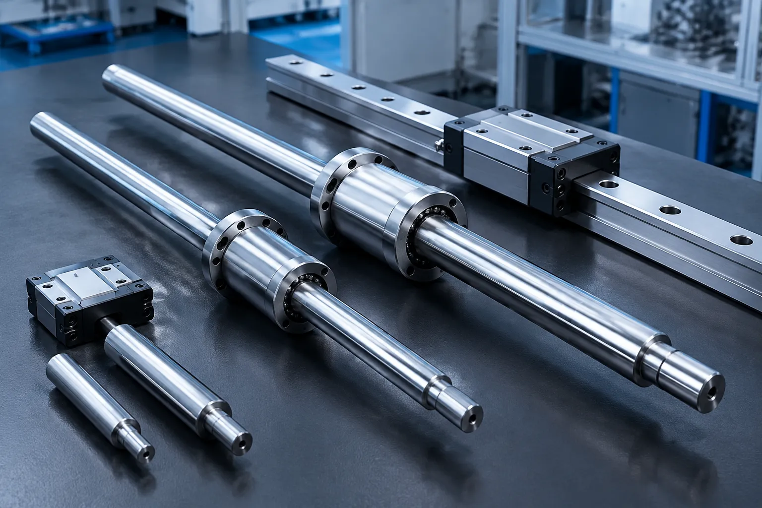 Precision screws and linear guide rail on a technical surface