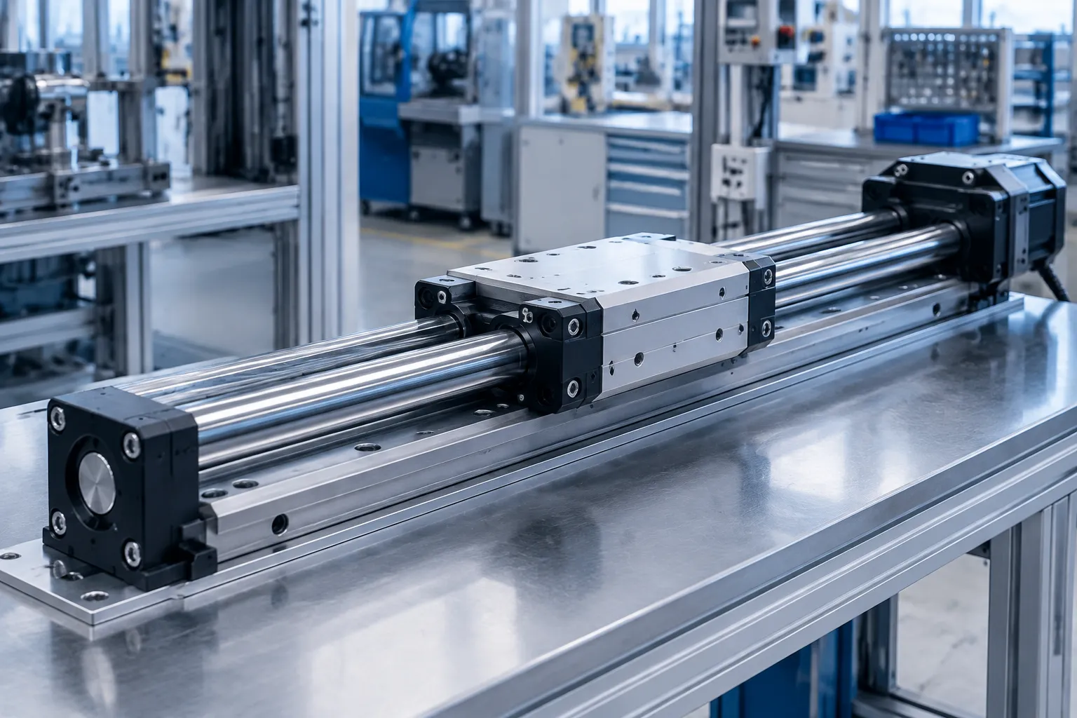 Linear motion module with guide rail on a test bench