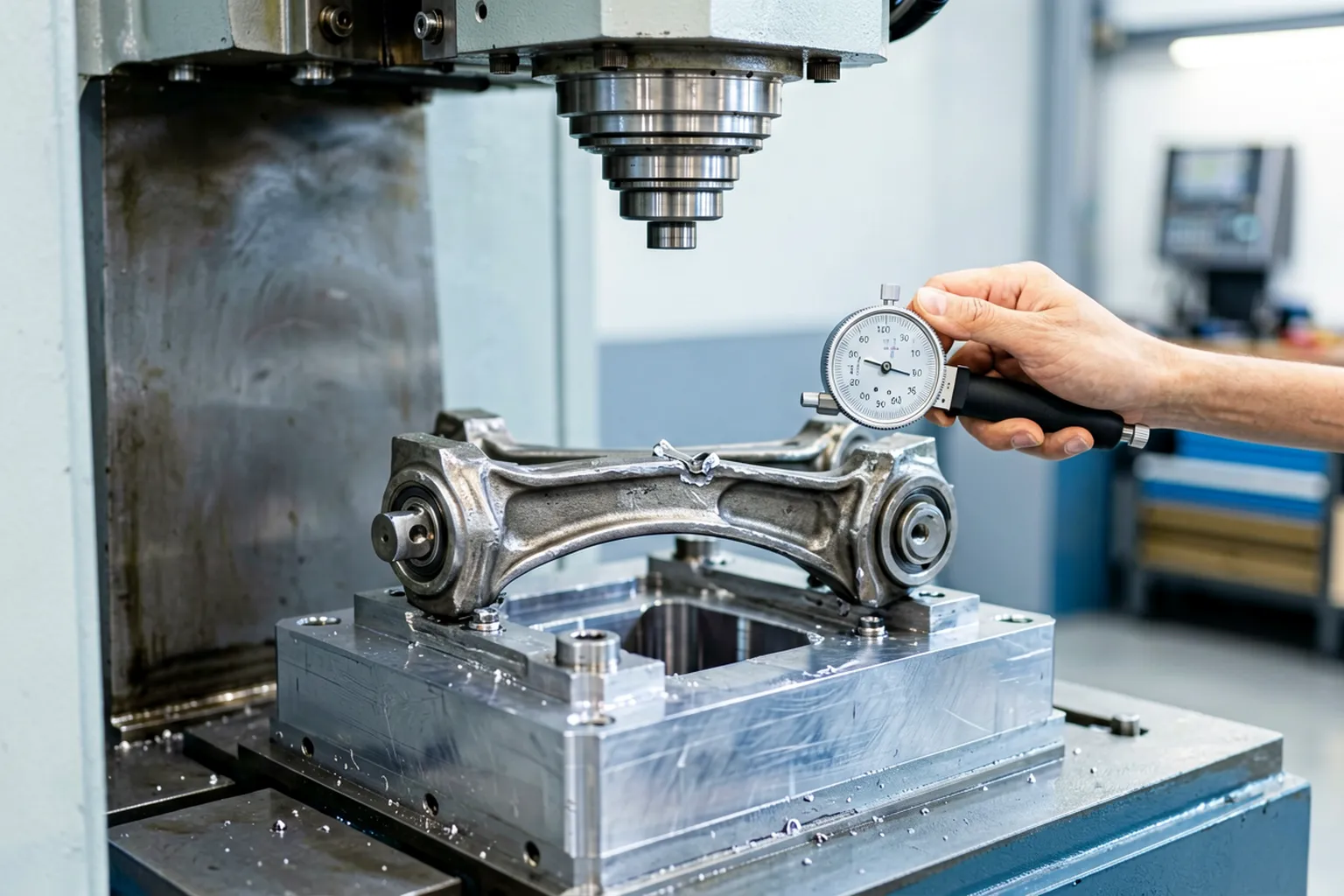Forged engine rocker arms in a machined nest fixture on a precision press with a dial probe measuring one arm