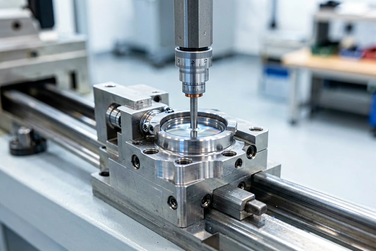 Rocker arms in a rail fixture with micro dial probes measuring valve pad faces and pivot bores