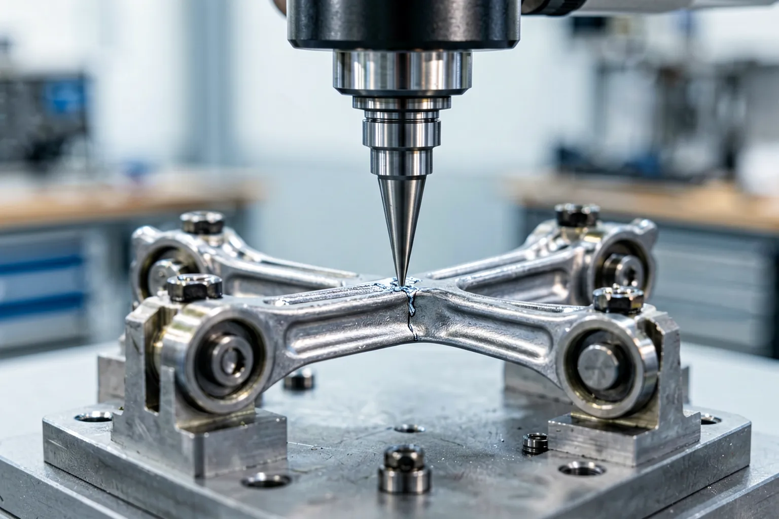 Precision press tip correcting a rocker arm beam held between miniature support anvils