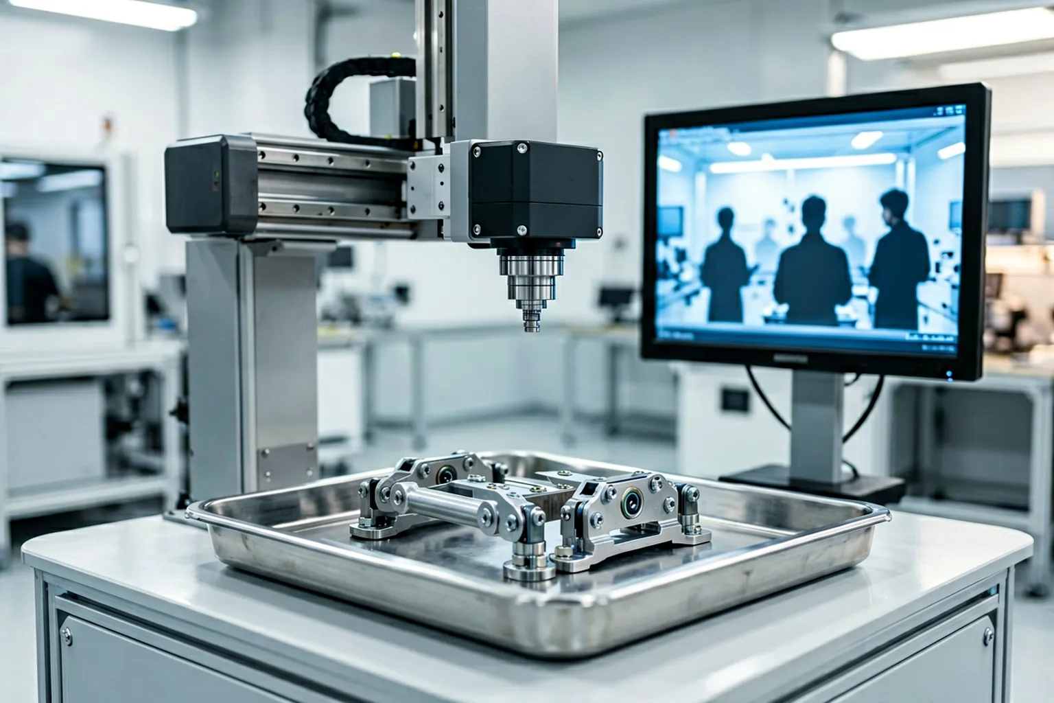 Rocker arms being verified in an optical vision measurement station in a quality lab