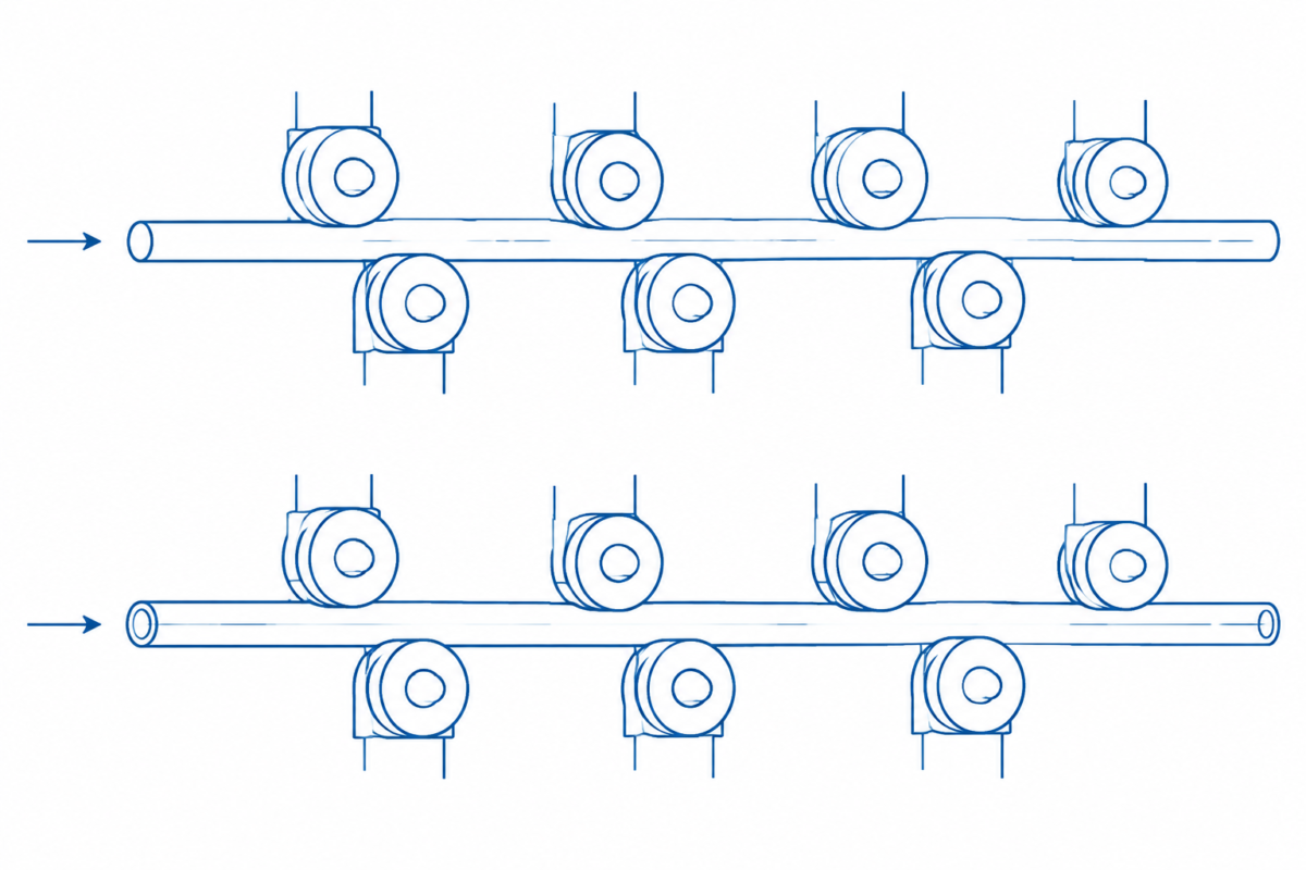 Rod and pipe straightening through staggered rolls - single curve roller principle