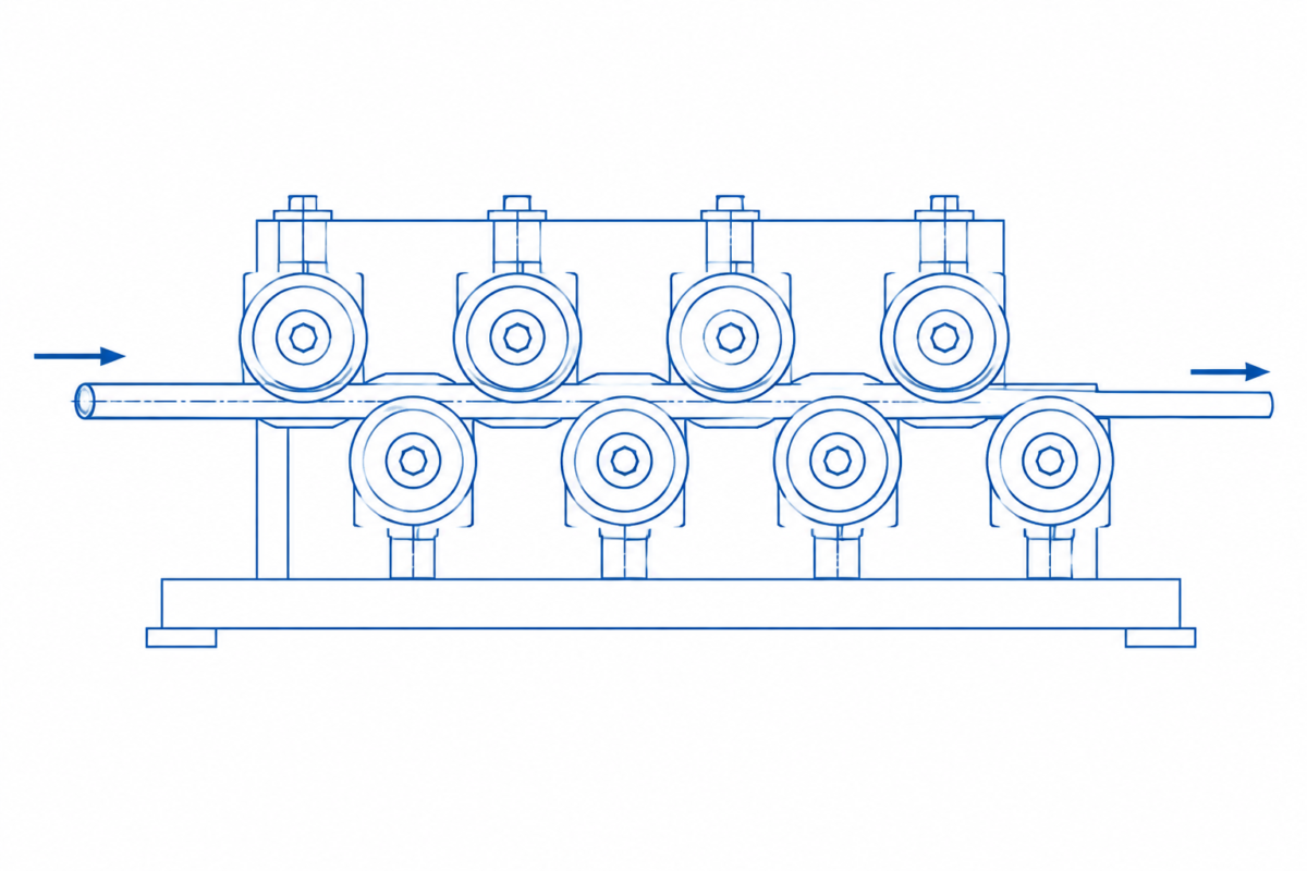 Single curve roller straightening principle - rod passing through staggered rolls