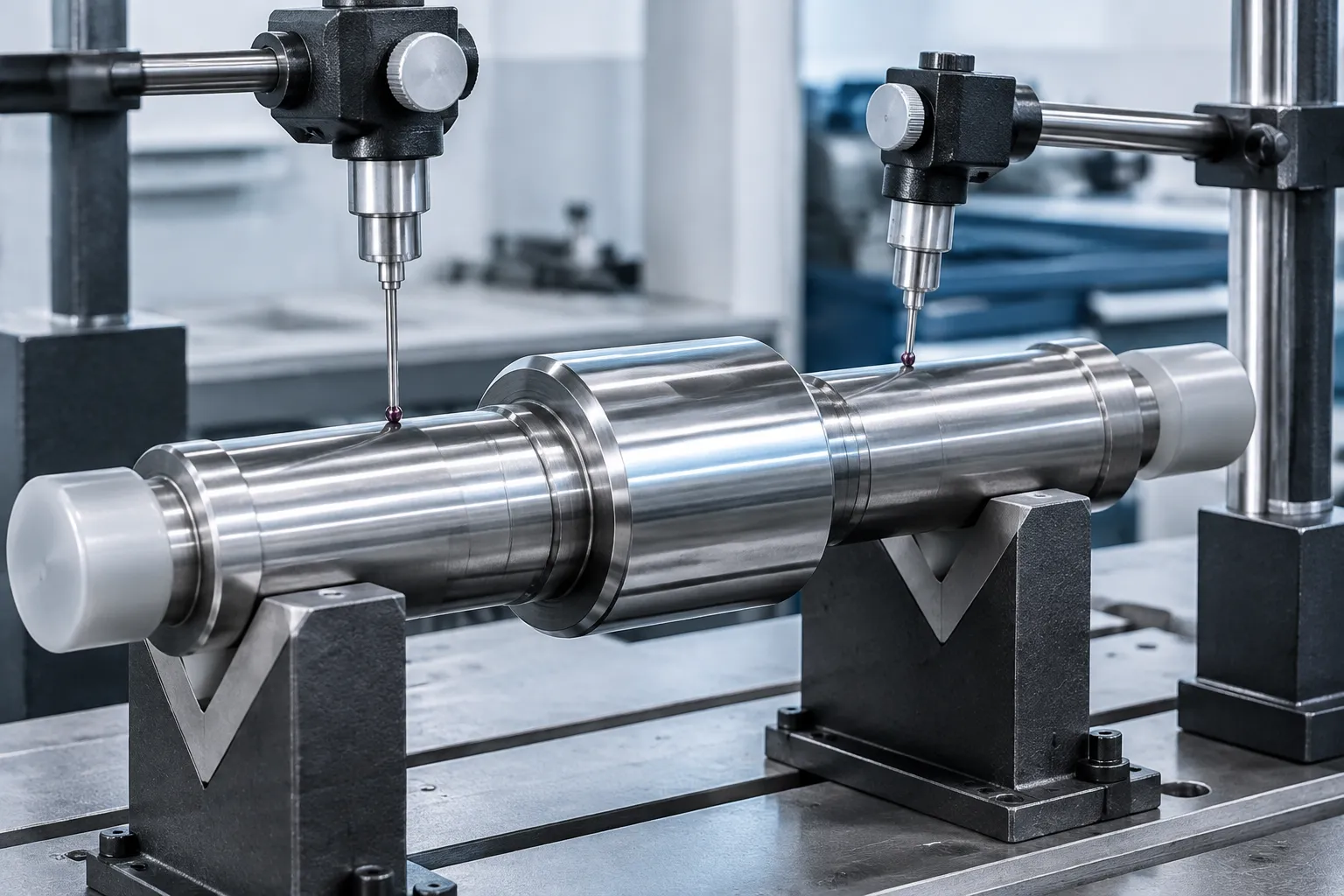 Contact probe sensor heads measuring runout on the bearing journal of a shaft supported in V-blocks