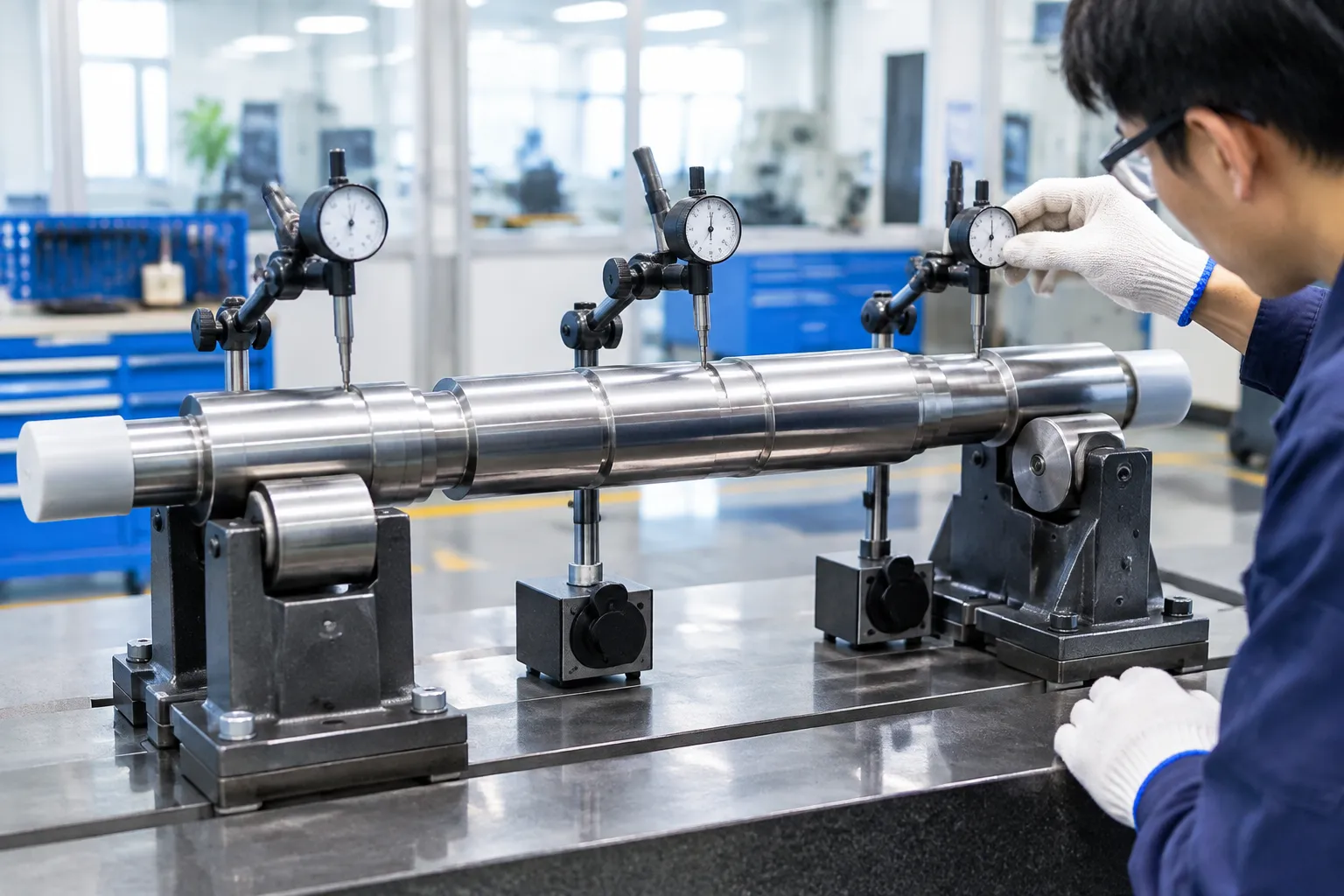 Stepped motor shaft under final straightness verification on roller supports with dial gauges