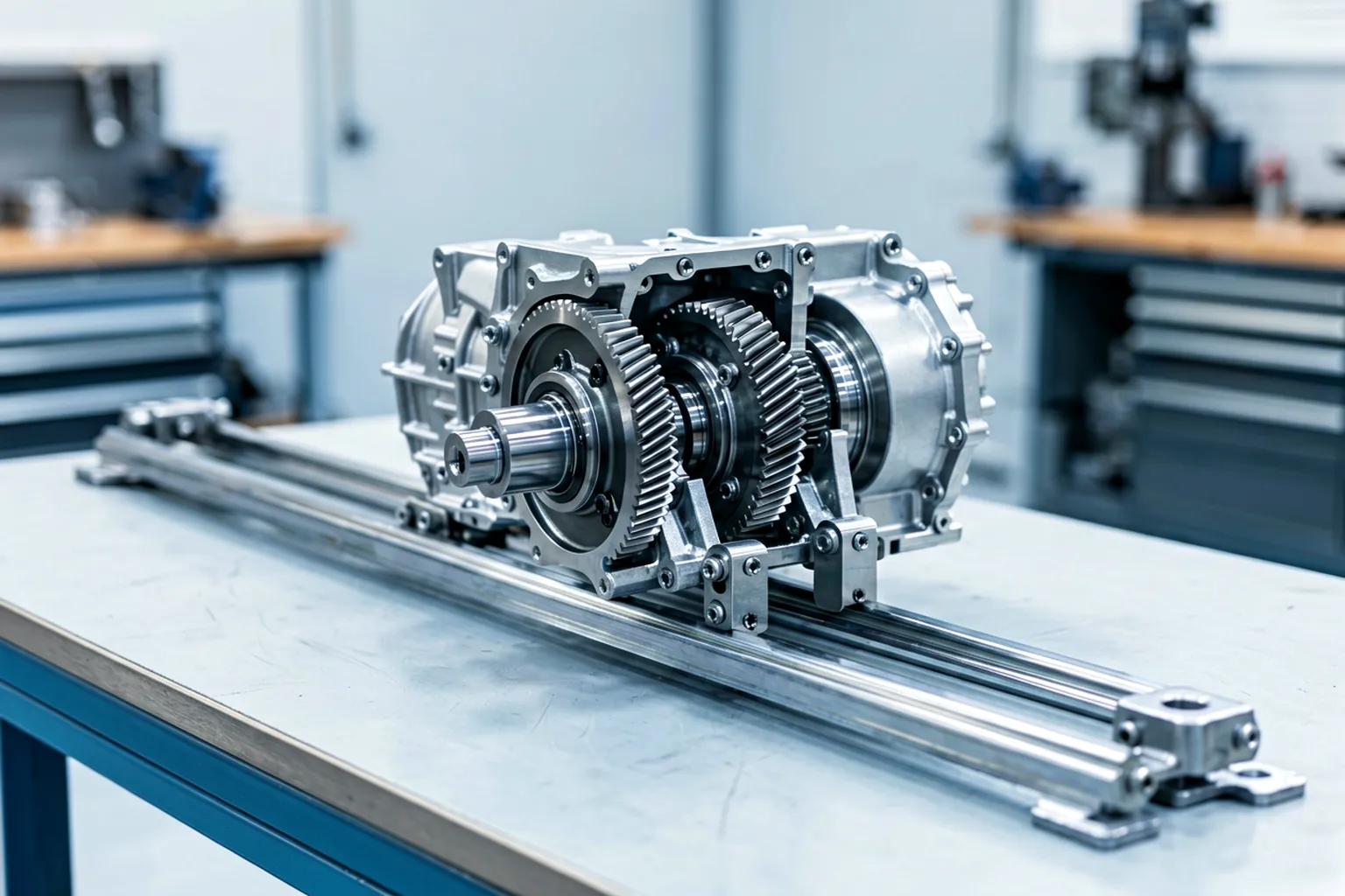 Shift forks mounted on shift rails inside gearbox internals