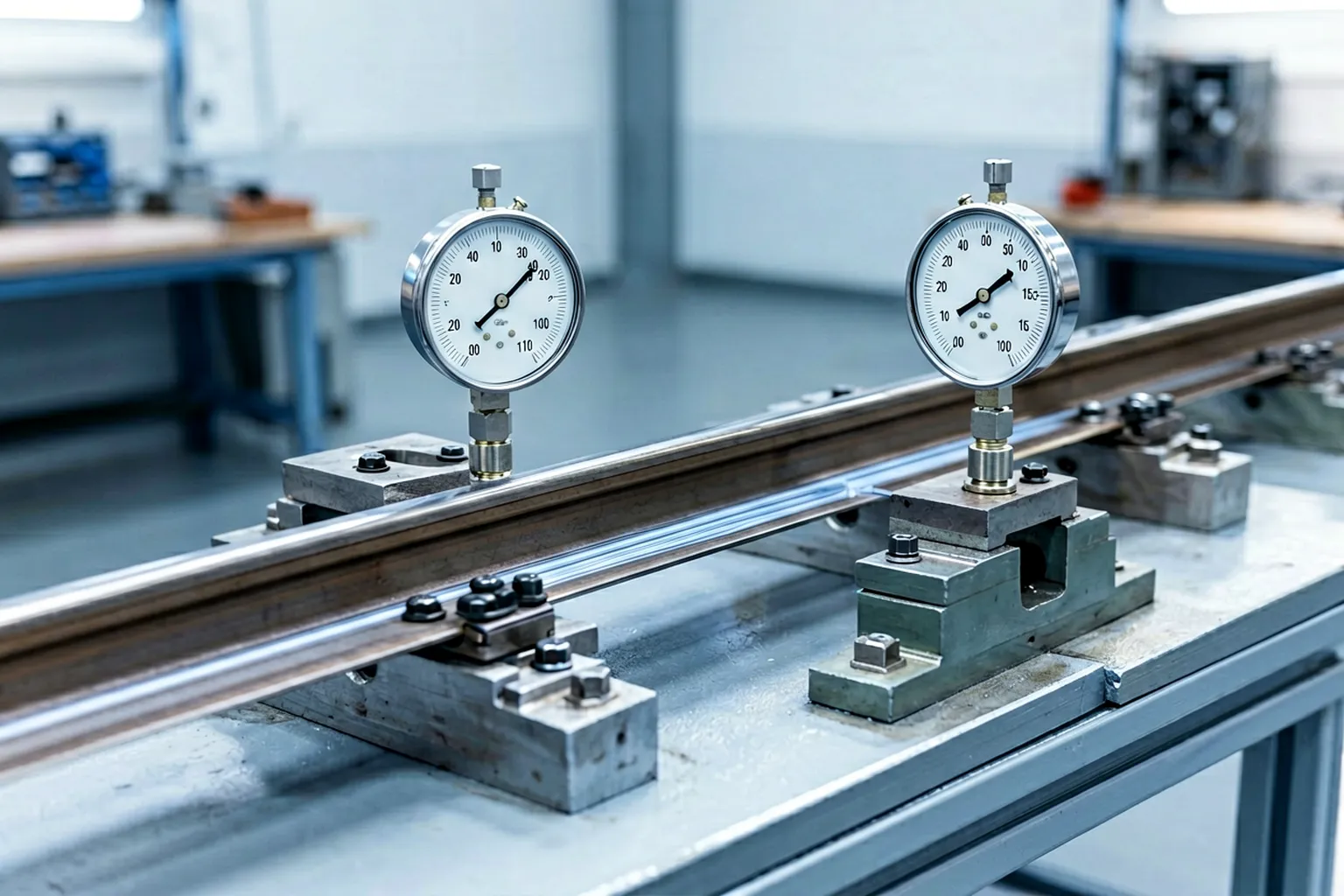 Shift rail runout measurement between centers with dial indicators at multiple stations
