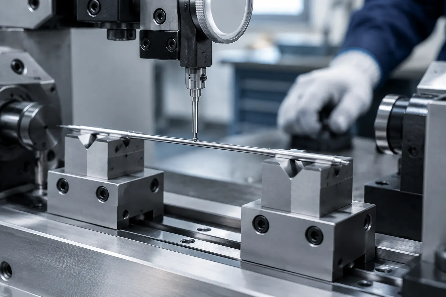 Small-diameter medical drill component on precision V-block supports at a micro-straightening measurement station