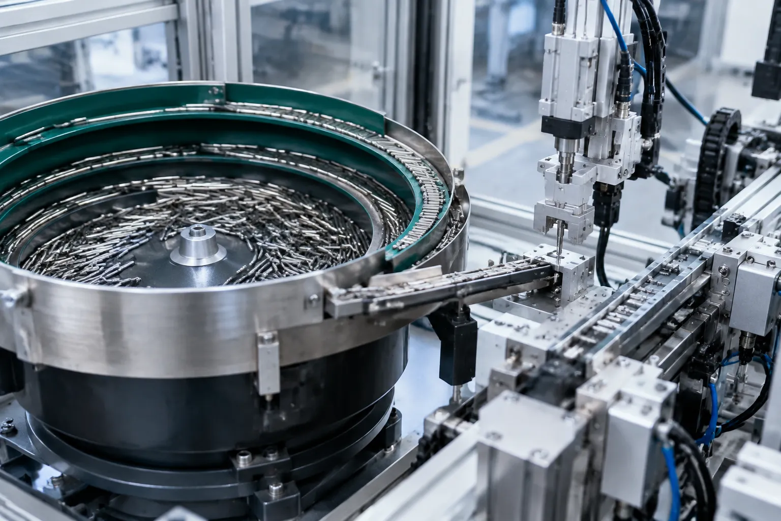 Compact bowl feeder and transfer unit feeding small drill components into an automatic straightening cell