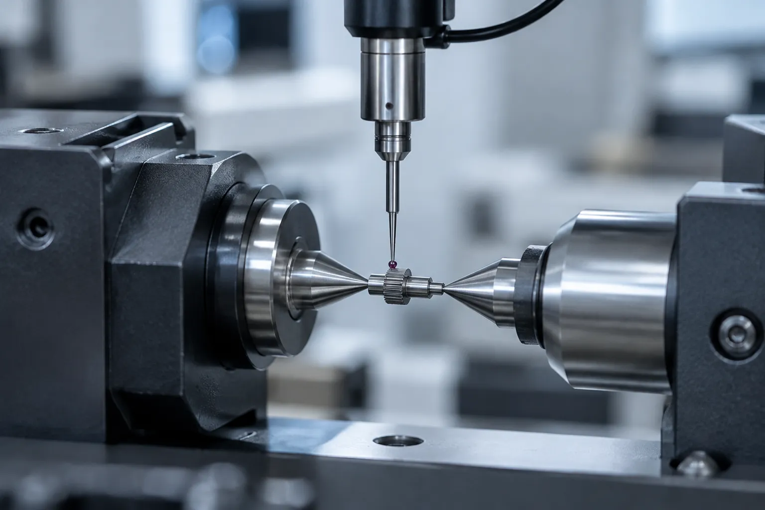 Low-force probe measuring a two-millimeter drill component inside an automatic straightening machine