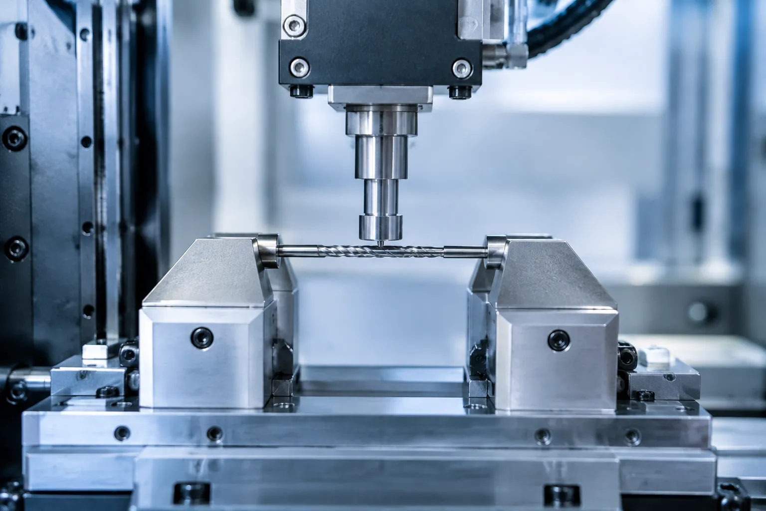 Controlled micro-stroke press ram correcting a small medical drill blank between protected supports