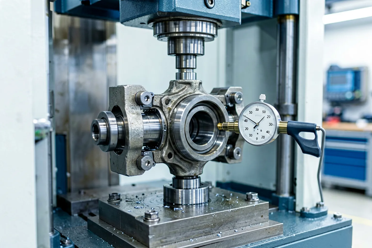 Automotive steering knuckle clamped in a precision fixture on an automatic straightening press with a dial probe measuring the hub face