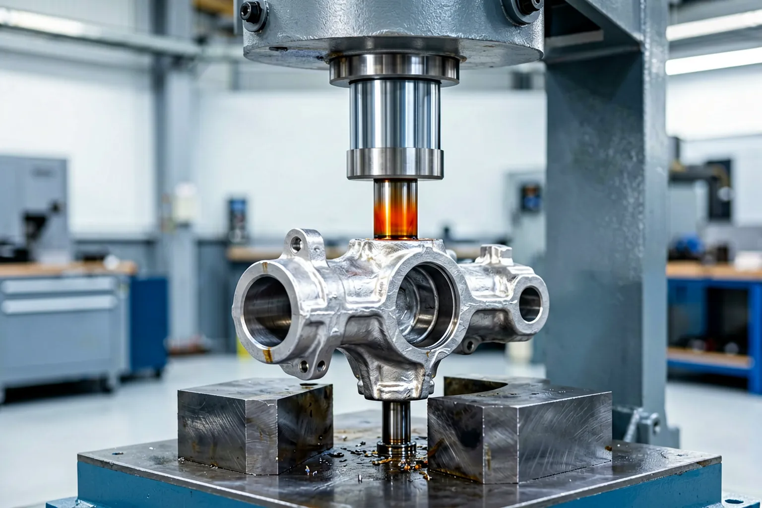 Hydraulic press applying calibrated force to a steering knuckle supported on hardened blocks during correction