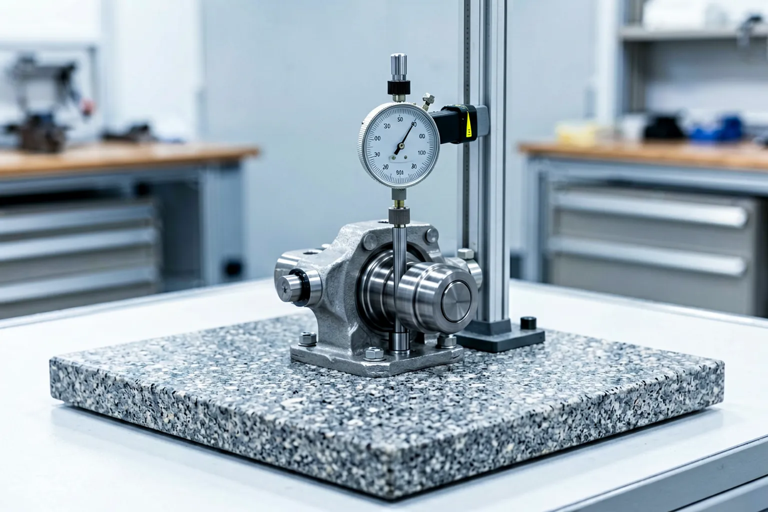 Steering knuckle inspection on a granite surface plate with a height gauge dial indicator sweeping the hub face