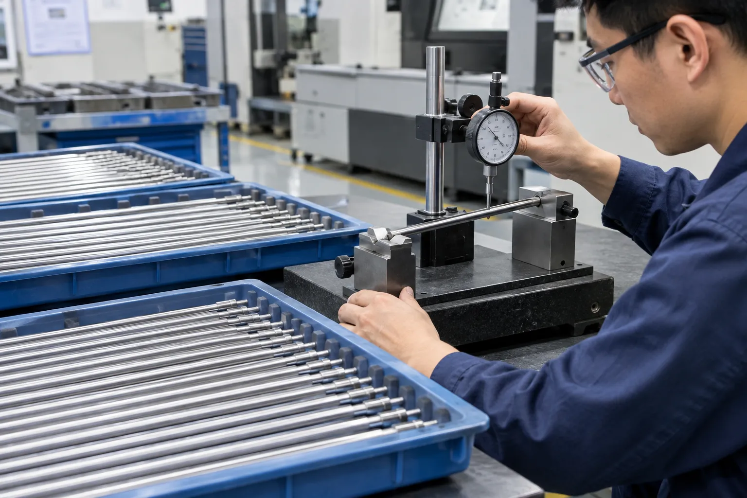Straightened textile shafts sorted in trays after inspection