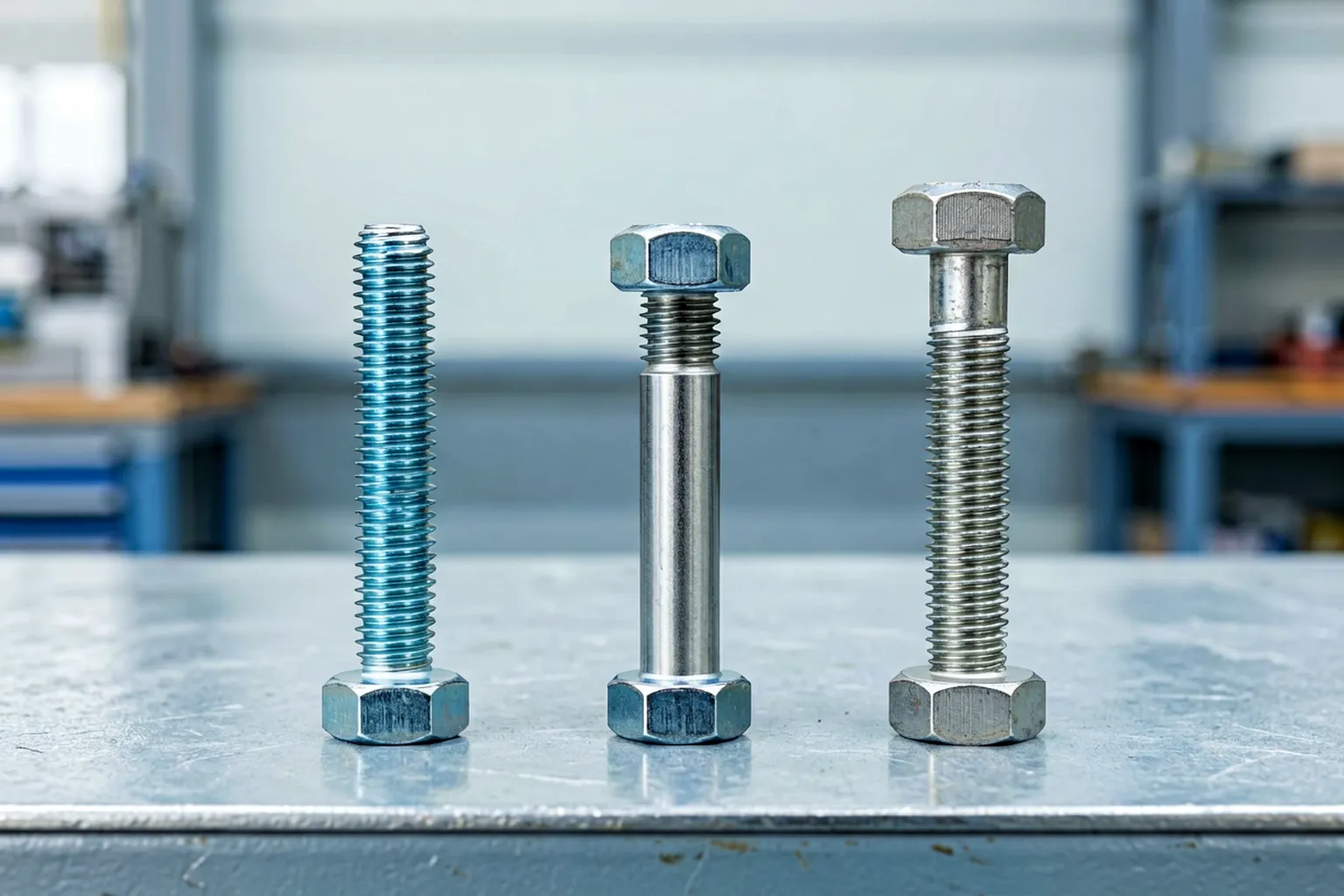 Comparison of a fully threaded rod, a double-end stud with plain shank, and a long bolt with head