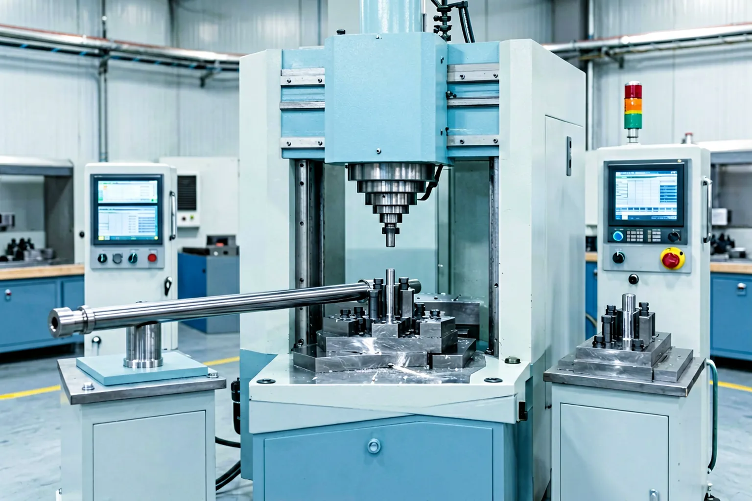 Closed-loop straightening cell for threaded rods with measuring station, indexed press and sorting