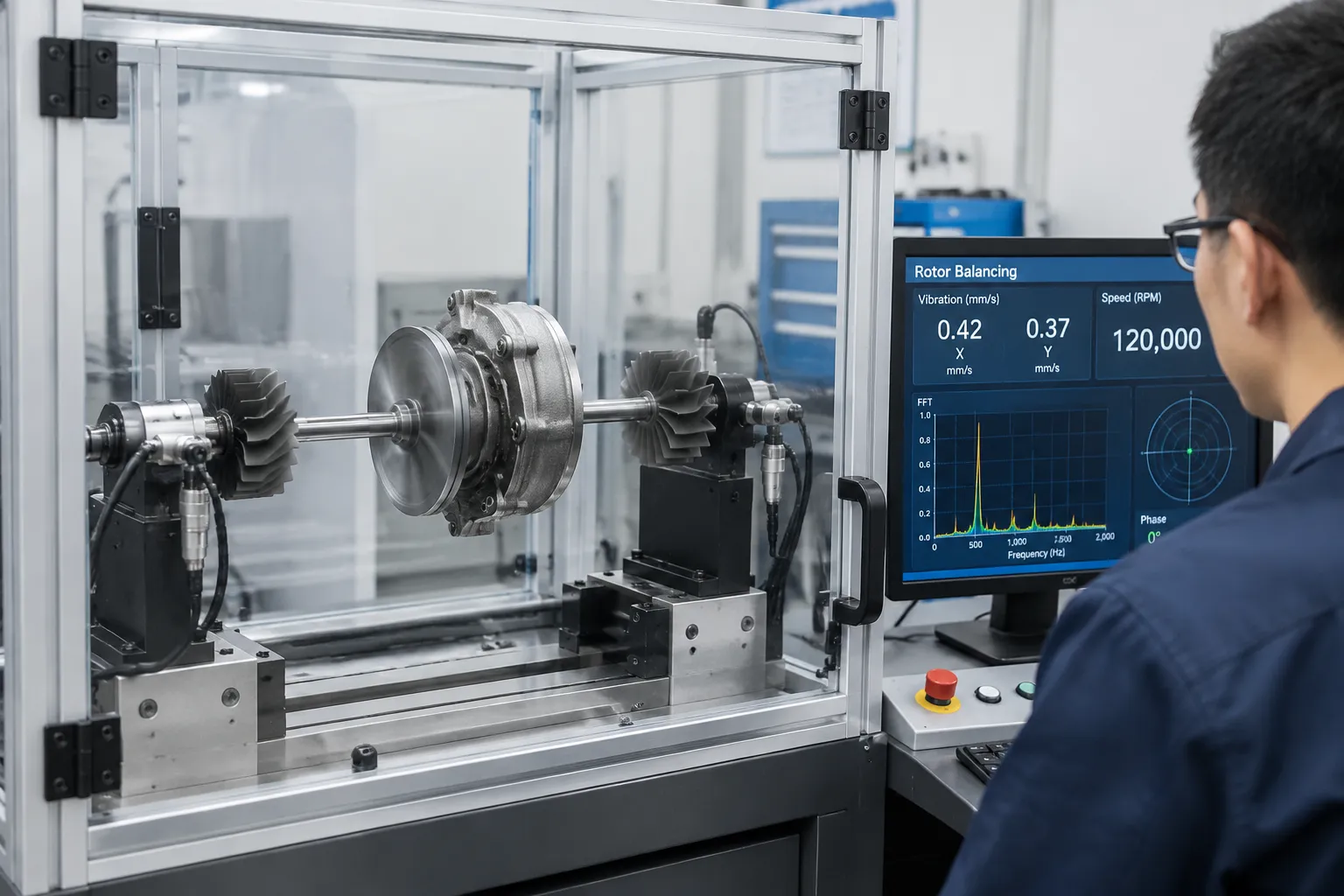 Turbocharger core balanced on a balancing machine in a protective enclosure