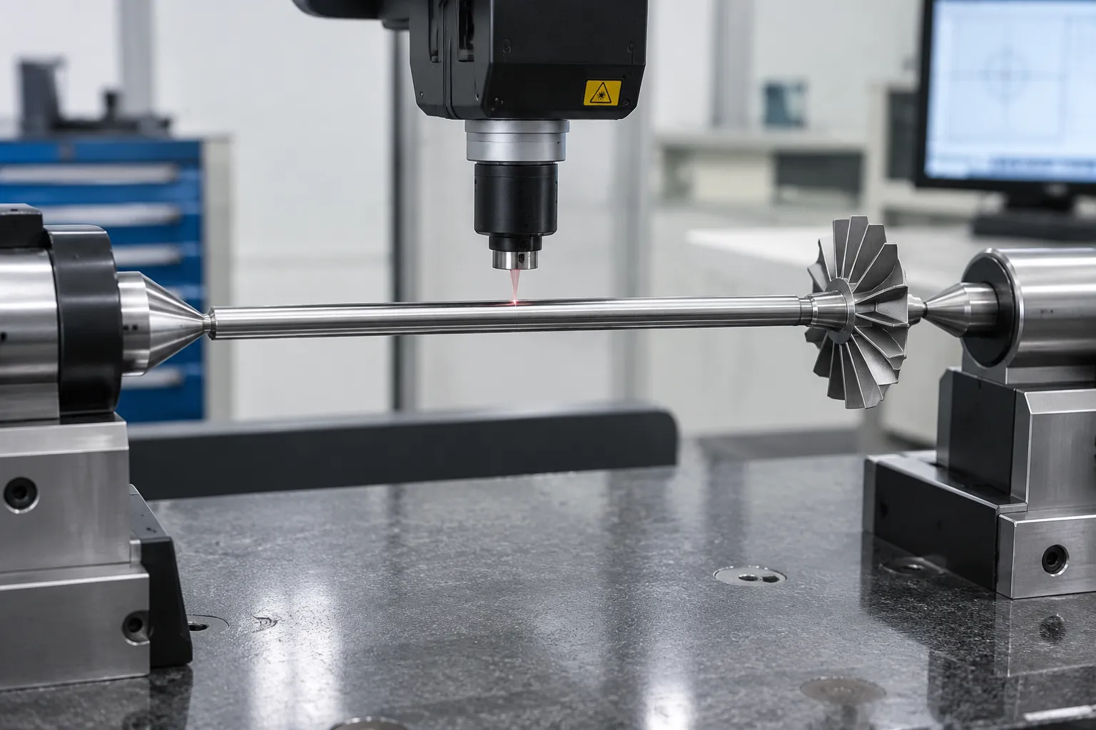 Turbocharger rotor shaft with small wheel mounted between centers on a measuring fixture