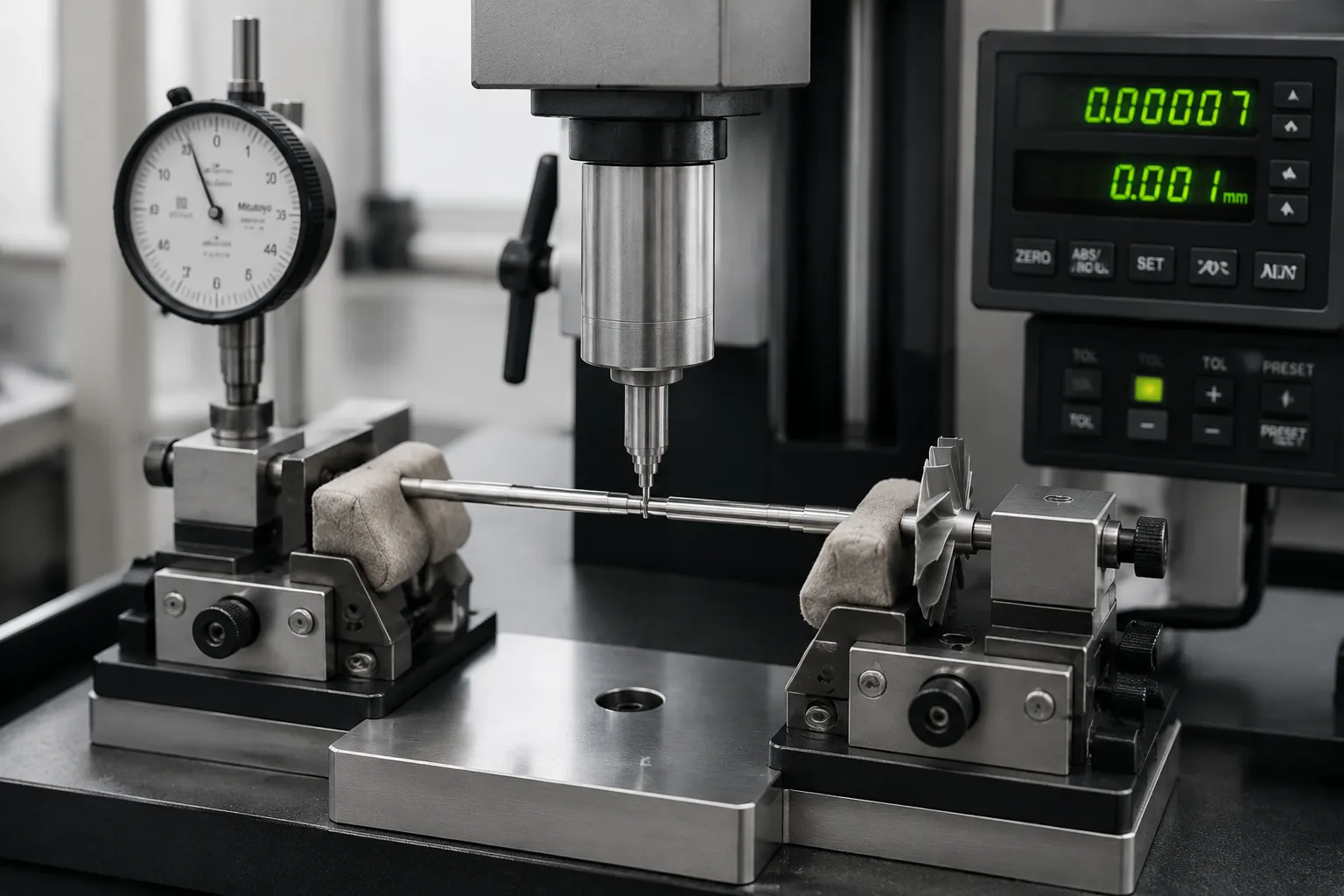 Slender rotor loaded into a small precision straightening press with padded supports